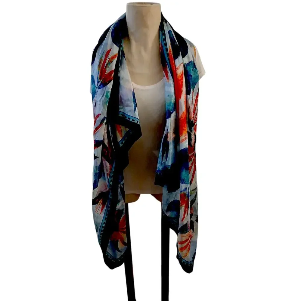 100% SILK‎ Scarf Vietri Milano Long Wrap 41x69 Blue Colorful Modern Art Tropical